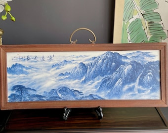 Hand-Crafted Blue & White Porcelain Landscape Plaque | Framed "Yuan Yuan Liu Chang" Shan Shui Wall Art Screen (54cm x 20cm)
