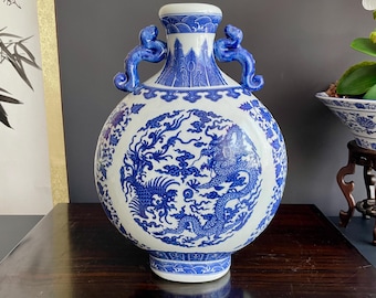 Hand Crafted Blue & White Moonflask Vase with Handles | 31cm Dragon Phoenix Porcelain Vessel Large Chinoiserie Collector Pottery