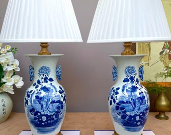 XLarge Pair of Hand-Painted Blue and White Porcelain Lamps - Double Ear Phoenix & Peony Motif - Premium Hand-Crafted Chinoiserie Light decor