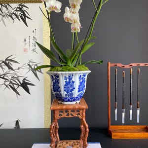 Op de afbeelding: Een witte Phalaenopsis-orchidee met roze centra, geplant in een blauw-witte porseleinen pot met bloemmotieven. De pot staat op een gesneden houten standaard met vier poten, naast een houten rek met vier kalligrafiepenselen.