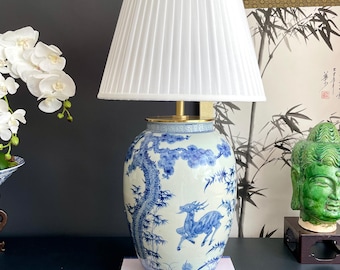 Hand Painted Blue & White Porcelain Table Lamp | Massive 71cm Tall 28cm Wide Ceramic Jar Lamp | Artistic Deer Landscape Chinoiserie