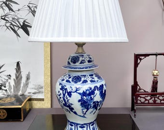 60cm Blue and White Ginger Jar Lamp, Hand-Crafted Chinese Porcelain Figural Light, Chinoiserie Statement Decor, Warrior & Horse Motif