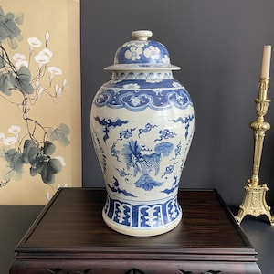 Extra-Large 47cm Hand-Painted Blue & White Porcelain Ginger Jar Floor Vase | Kirin Rabbit Medallion Temple Jar with Domed Lid
