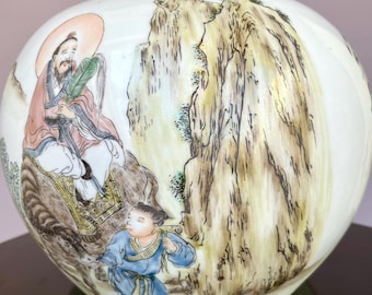 Pote de porcelana Qianjiang Cai pintado à mão com tampa - Paisagem de erudito e imortal - Grandes potes de gengibre com caligrafia chinesa artesanal