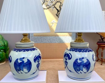 Single 100% Hand Painted Crane Table Lamps, Blue and White Porcelain Ginger Jar Lights, Chinoiserie Decor, Symbolic Longevity Gift ideas