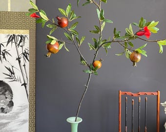 Architectural Faux Greenery Branch | Artisanal Artificial Pomegranate Stem | Vibrant Botanical Accent for Eclectic Interiors