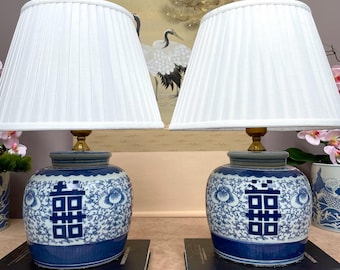 Single Blue White Ginger Jar Lamp - Double Happiness Porcelain Table Lamp - Intricate Chinoiserie Wedding Decor Luxury Artisan Crafted