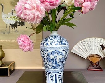 Vaso Meiping azul e branco pintado à mão, em porcelana, com motivo figurativo chinês, peça central de luxo em cerâmica fina de arte oriental.