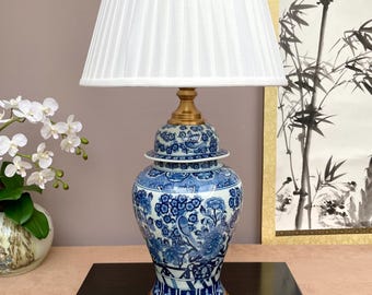 Large 68cm Blue and White Table Lamp, Hand-Crafted Chinese Porcelain Ginger Jar Light, Chinoiserie Decor, Bird & Floral Motif drawing