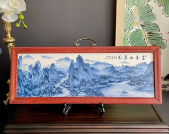 Hand-Crafted Blue & White Porcelain Landscape Plaque | Framed "Fu Chun Shan Ju Tu" Shan Shui Wall Art Screen (53cm x 20cm)