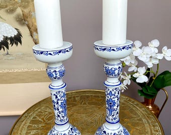 Fine Hand-Painted Blue & White Porcelain Candle Holder Pair • Artisan-Made Chinoiserie Centerpiece • Luxury Table Décor in Collector Quality