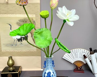 Real Touch Lotus Flower Arrangement 95cm Tall Faux Lotus Stem with Pods Artificial Lotus Bouquet Large Zen Table Decor Silk Flowers white