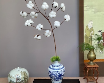 Ramo artificial de algodão feito à mão com conchas naturais - Decoração rústica de fazenda - Haste de algodão artificial realista para detalhes minimalistas em casa.