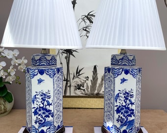 Single Extra Large Blue and White Hexagonal Lamp, Hand-Crafted Tea Caddy Porcelain Light, British Colonial Style Tall Chinoiserie Statement