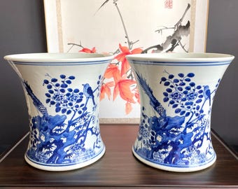 Vaso Zun artesanal de porcelana azul e branca, 21 cm, com formato de cintura | Porta-pincéis estilo acadêmico com detalhes de pássaros e peônias | Unidade