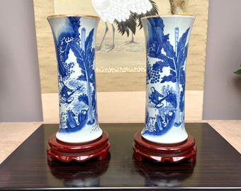Pair of Fine Hand-Painted Blue and White Porcelain Vases with Traditional Elegant Brown-Glazed Edge Timeless Oriental Craftsmanship artifact
