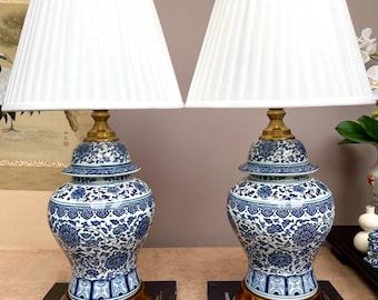 Single Blue and White Jingdezhen Table Lamp – Hand-crafted Porcelain Base with Lotus Scrollwork Motif – Chinoiserie Decor