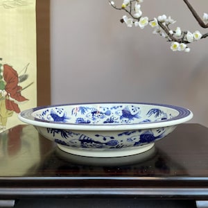 May include: A shallow, round ceramic bowl featuring a white base with intricate blue underglaze illustrations of swimming fish and aquatic plants. The rim is decorated with a fine blue cross-hatched pattern, and the bowl has a wide, flat base.