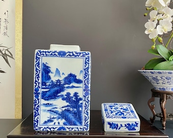 Rare Hand Painted Blue and White Xiang Qi Porcelain Vase | Hand Pressed Square Ginger Jar with Lid | 30cm Heavy Collector Ceramic Vessel