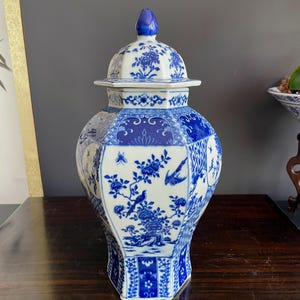 Hand Crafted Blue & White Hexagon Porcelain Vase with Lid | Six Sided 30cm Ceramic Temple Jar | Unique Multi Panel Chinoiserie Decor