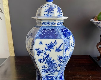 Hand Crafted Blue & White Hexagon Porcelain Vase with Lid | Six Sided 30cm Ceramic Temple Jar | Unique Multi Panel Chinoiserie Decor
