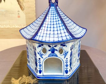 Blue and White Porcelain Pagoda Candle Holder Handcrafted Ceramic Lantern Elegant Home Décor Accent | Curved Roof Design Tea Light Holder