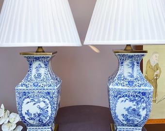 Single Hand-Crafted Blue White Square Lamps - Rare "Windowed" Chinoiserie Landscape & Bird Motif - Premium Brass Fittings Luxury Table Lamps