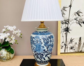 Extra Large Blue and White Table Lamp, Hand Crafted Chinese Porcelain Ginger Jar Light, Tall Chinoiserie Statement Lamp, Bird & Peony Arts