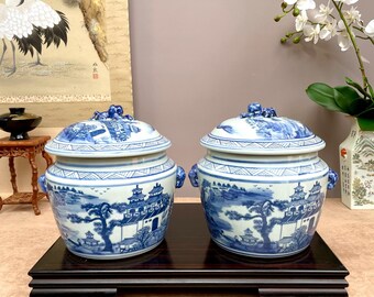 A Pair of Blue & White Porcelain Ginger Jar– Hand-Painted Pagoda Landscape