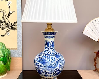 Blue and White Dragon Table Lamp, Hand Crafted Chinese Porcelain Large Vase Light Chinoiserie Home Decor Imperial Dragon Statement Lighting