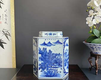 Hand Painted Blue & White Hexagon Porcelain Vase with Lid | Six Sided Xiang Qi Hand Pressed Ceramic Jar | Chinoiserie Decor Vessel