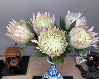 Giant Artificial Blush Pink King Protea Stem - Faux Pale Green & Pink Bloom - Exotic Tropical/Coastal Flower Head Decor(73cm)