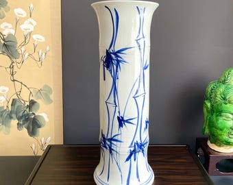 Hand-Painted Blue White Porcelain Umbrella Stand | Sturdy 47.5cm Bamboo Stalk Motif Floor Vase & Walking Stick Holder