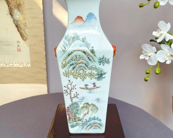 Hand-Painted Qianjiang Style Vase | Scholar collector.  Poem & Landscape Calligraphy | Multi-Fired Chinese Ceramic Art chinoiserie