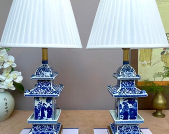 Pair of Rare Hand-Crafted Pagoda Porcelain Lamps - Blue and White Chinoiserie Architecture Scholar Garden Motif Set of 2 Premium Table Lamp