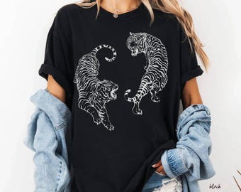 Comfort Colors® Yin Yang Tiger Shirt, Vintage Tiger Graphic Tee, Japanese Tiger Tattoo Shirt, Minimal Animal Art Tee