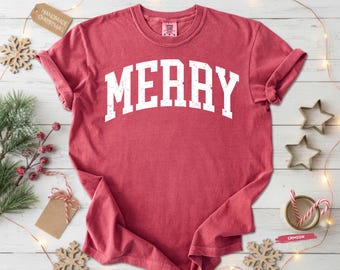 Comfort Colors® Merry Christmas Shirt, Retro Merry Tee, Vintage Distressed Merry T-Shirt, Holiday Graphic Tee, Trendy Christmas Gift Shirt