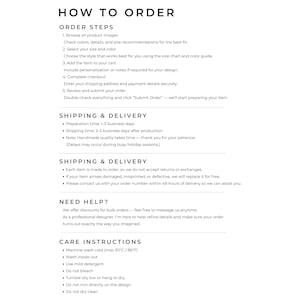 Puede incluir: Una p&aacute;gina blanca con texto negro que detalla c&oacute;mo realizar un pedido, instrucciones de env&iacute;o y cuidado. El texto incluye pasos para navegar por las im&aacute;genes de los productos, seleccionar la talla y el color, a&ntilde;adir art&iacute;culos al carrito y completar la compra. Instrucciones de cuidado.
