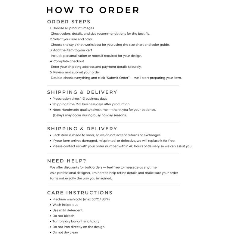 Puede incluir: Una p&aacute;gina blanca con texto negro que detalla c&oacute;mo realizar un pedido, instrucciones de env&iacute;o y cuidado. El texto incluye pasos para navegar por las im&aacute;genes de los productos, seleccionar la talla y el color, a&ntilde;adir art&iacute;culos al carrito y completar la compra. Instrucciones de cuidado.