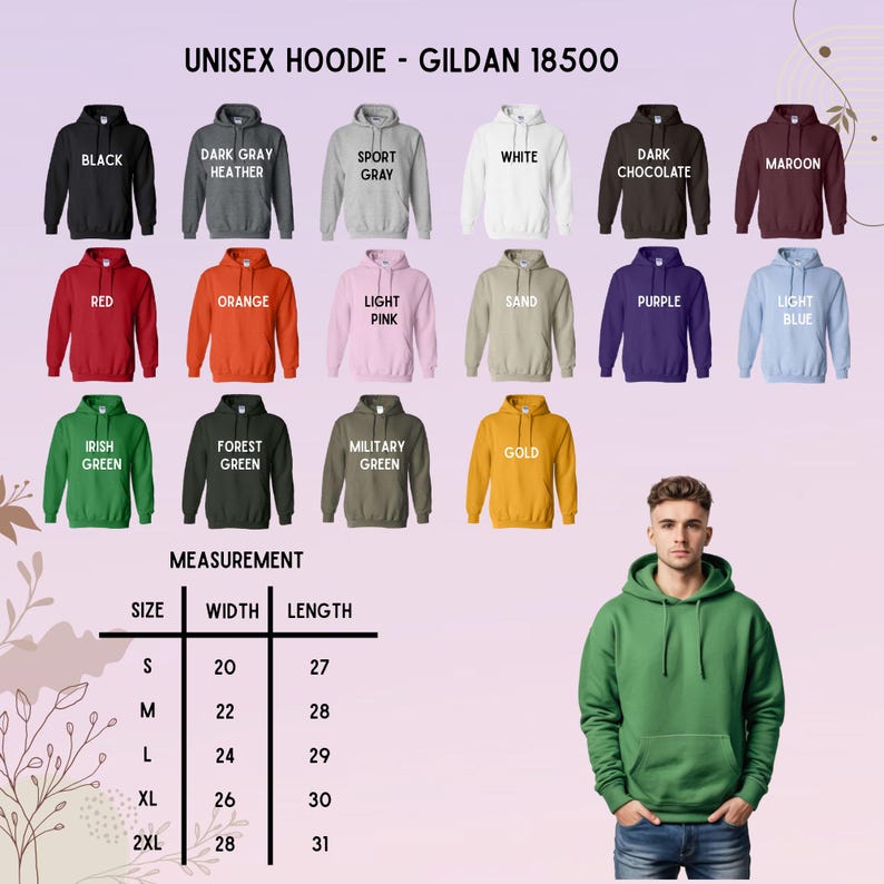 Puede incluir: Una selecci&oacute;n de sudaderas con capucha unisex Gildan 18500 en varios colores, incluyendo negro, rojo y verde. La imagen tambi&eacute;n muestra una tabla de tallas con medidas en cent&iacute;metros para el ancho y el largo.