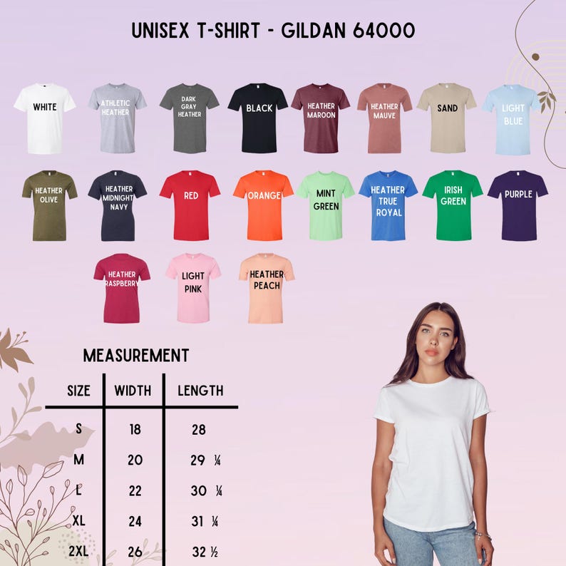 Puede incluir: Una camiseta unisex blanca de Gildan 64000, con una mujer que lleva la camiseta. La imagen muestra una variedad de colores de camisetas, incluyendo negro, rojo y azul, con una tabla de medidas que muestra tallas y dimensiones en cm.