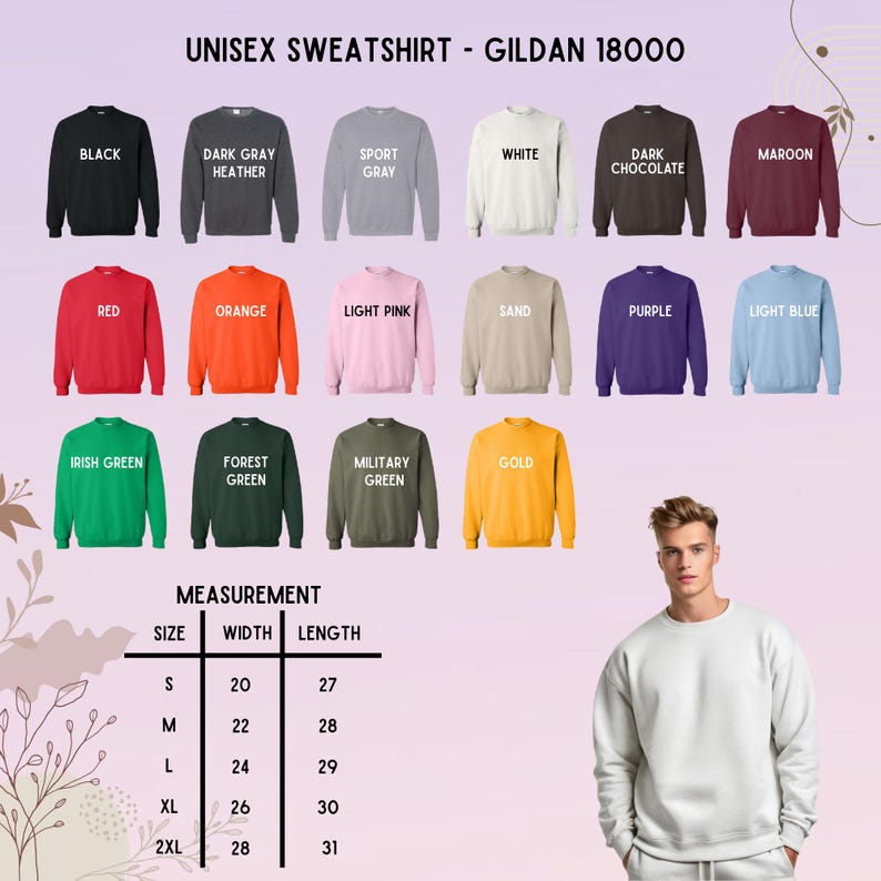 Puede incluir: Una selecci&oacute;n de sudaderas unisex Gildan 18000 en varios colores, como negro, rojo y dorado. La imagen incluye una tabla de tallas con medidas en cm, con anchos de 51 cm a 71 cm y largos de 69 cm a 79 cm.