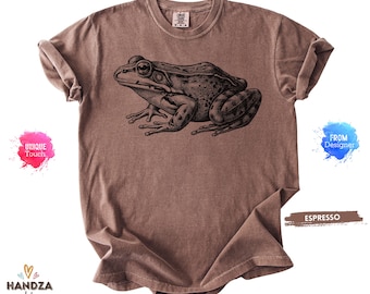 Comfort Colors® Cottagecore Frog Tee, Vintage Field Guide Frog Shirt, Nature Woodcut Frog Top, Espresso Washed Frog Lover Gift