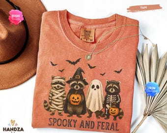 Comfort Colors® Spooky and Feral Raccoon Shirt, Funny Halloween Raccoon Shirt, Cute Trendy Womens Halloween T-Shirt, Vintage Fall Tshirt