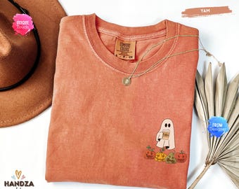 Comfort Colors® Сute Little Ghost Coffee t-shirt, Cute Boo Ghost t-shirt, ghost coffee Shirt, iprintasty Halloween, Halloween Coffee Lovers