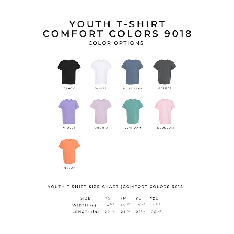 Puede incluir: Exhibici&oacute;n de camisetas juveniles en varios colores, como negro, blanco y azul vaquero. La imagen incluye una tabla de tallas con medidas en pulgadas. El texto dice "YOUTH T-SHIRT COMFORT COLORS 9018". Los anchos var&iacute;an de 36.8 cm a 49.5 cm.