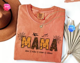 Halloween Mama Shirt with Kids Names – Spooky Personalized Mama, Mimi, Gigi, Nana Halloween Shirt, Custom Comfort Colors®