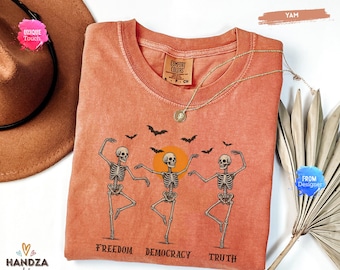 Camiseta Comfort Colors® Subtle FDT, camiseta Halloween Resist FDT, camiseta Freedom Democracy Truth Fall, anti Trump, camiseta divertida de esqueleto, anti Maga