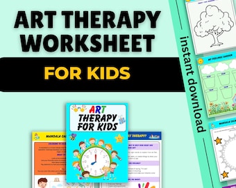 May include: A 36-page art therapy worksheet for kids. The cover features the text "ART THERAPY FOR KIDS" and a clock design. The pages include drawing prompts, emotion exercises, and mandala activities. The words "instant download" are also visible.