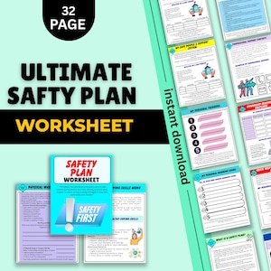 Może przedstawiać: 32-stronicowy arkusz roboczy zatytułowany "ULTIMATE SAFETY PLAN WORKSHEET" z tekstem "SAFETY FIRST". Strony są wypełnione podpowiedziami i sekcjami do wypełnienia w celu stworzenia osobistego planu bezpieczeństwa. Widoczne są również słowa "natychmiastowe pobieranie".